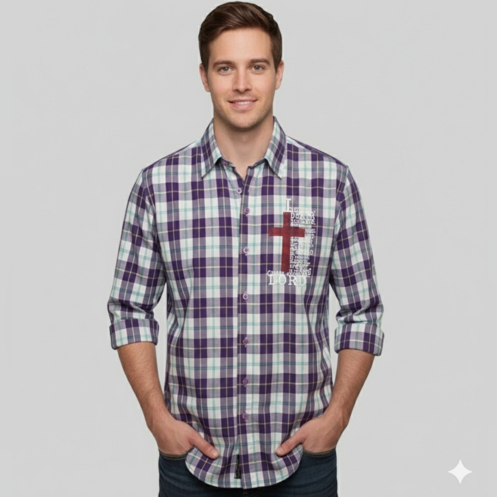 West Advanture Men's NWT Purple Plaid Religious Graphic Button-Up LS Shirt Med